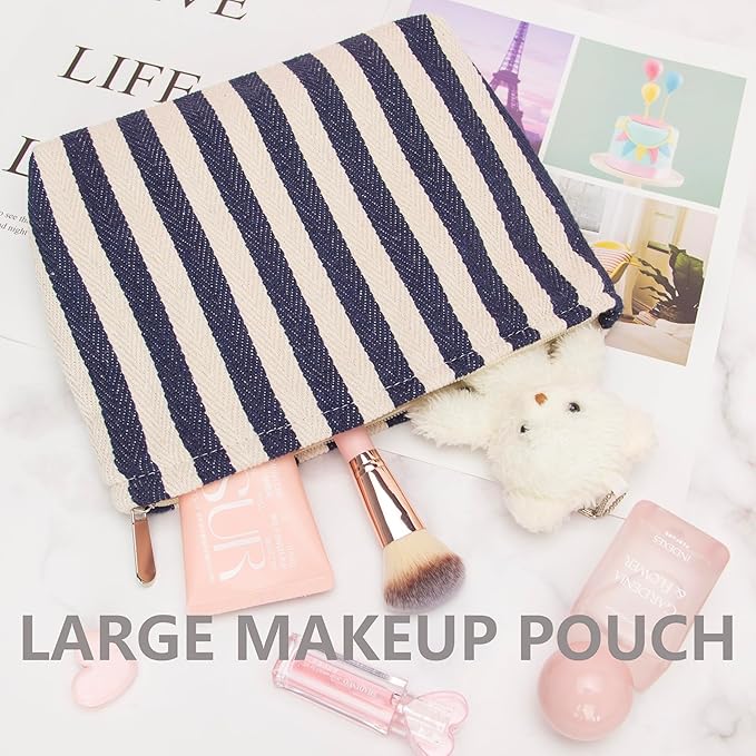 Flat Makeup Bag for Women,Zipper Cosmetic Pouch for Purse,Stripe Navy Blue