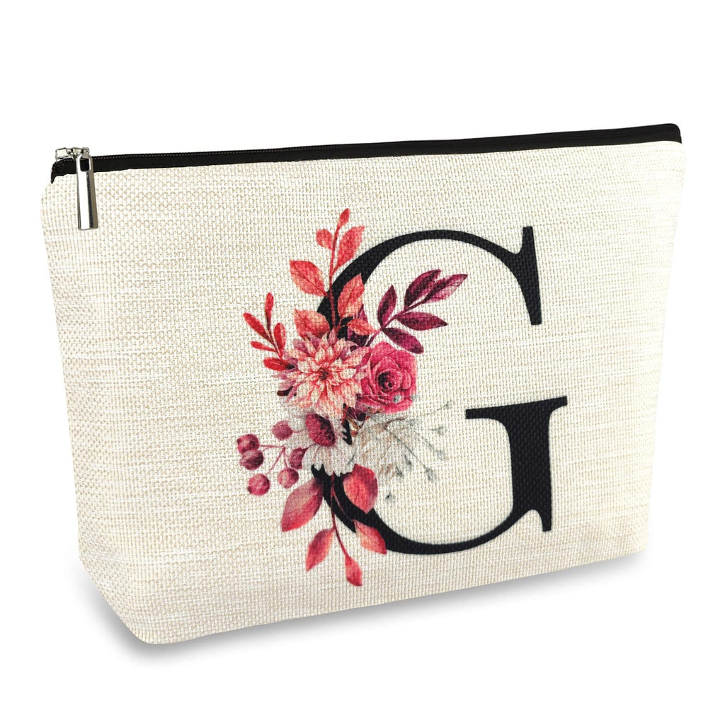 Initial A-Z Personalized Floral Makeup Bag, Monogrammed Birthday Gifts for Women Mom, Mothers Day Christmas Gift Ideas for Best Friend, Bride Bridesmaid, Her, Grandma, Small Travel Cosmetic Bag (G)
