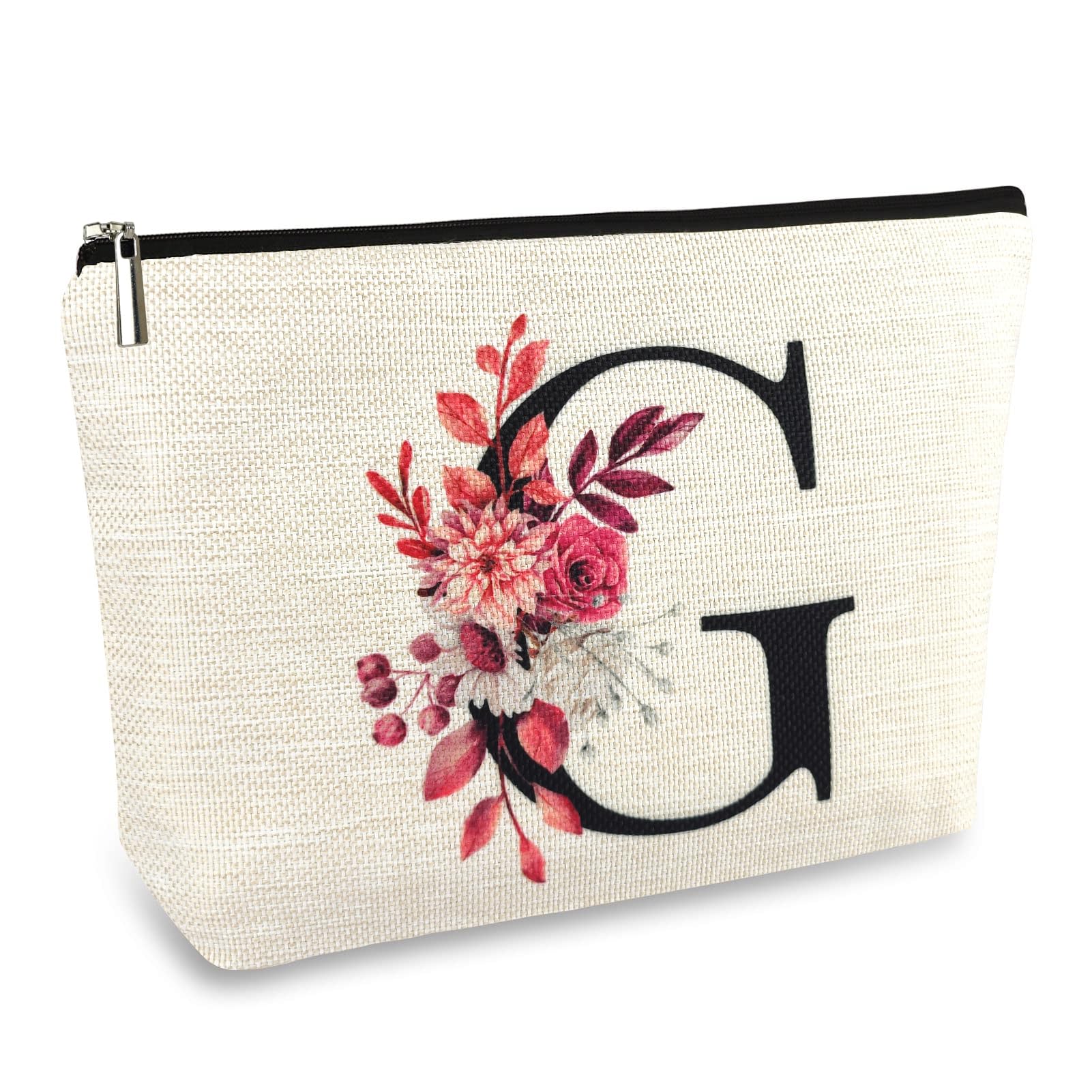 Initial A-Z Personalized Floral Makeup Bag, Monogrammed Birthday Gifts for Women Mom, Mothers Day Christmas Gift Ideas for Best Friend, Bride Bridesmaid, Her, Grandma, Small Travel Cosmetic Bag (G)