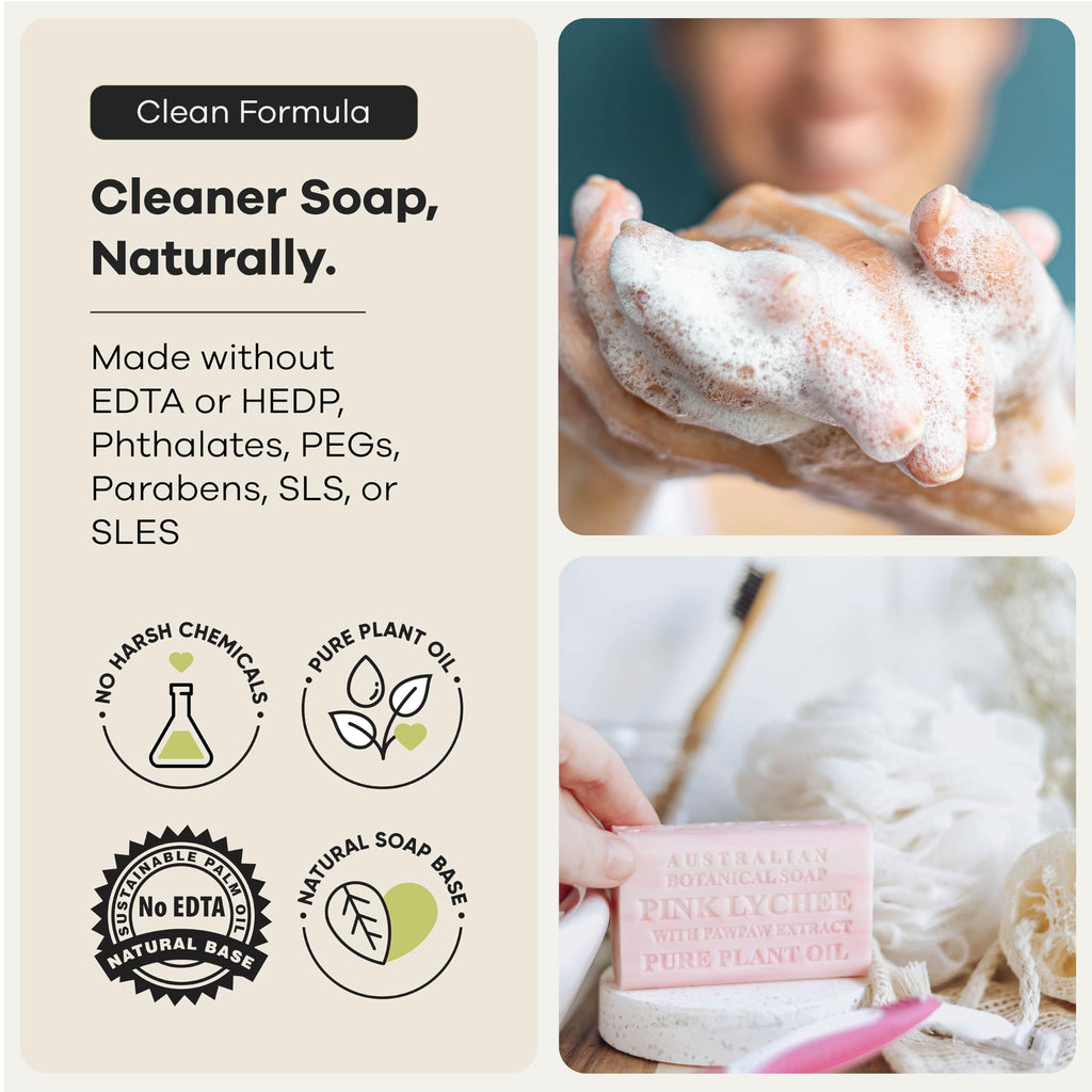 Australian Botanical Soap, 6.6 OZ, Pink Lychee and Pawpaw Extract, Triple Milled Bars made with a Natural Soap Base and Enriched with Organic Shea Butter, Pack of 8