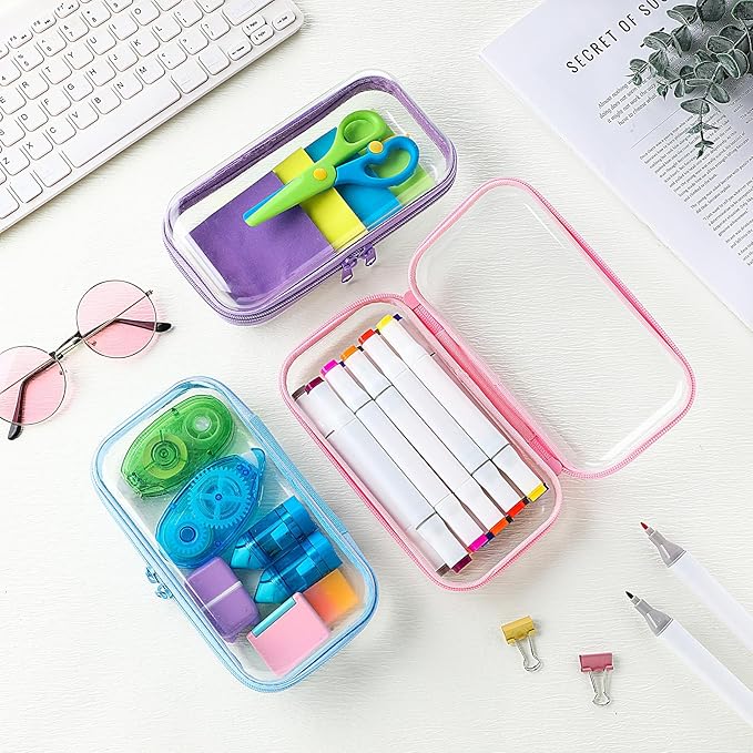 Hoolerry 3 Pcs Clear Hard Zipper Case Hard Plastic Zipper Pouch Makeup Bag Portable Travel Organizer for Cosmetics, Office Supplies, Documents & Toiletries(Multicolor,S)