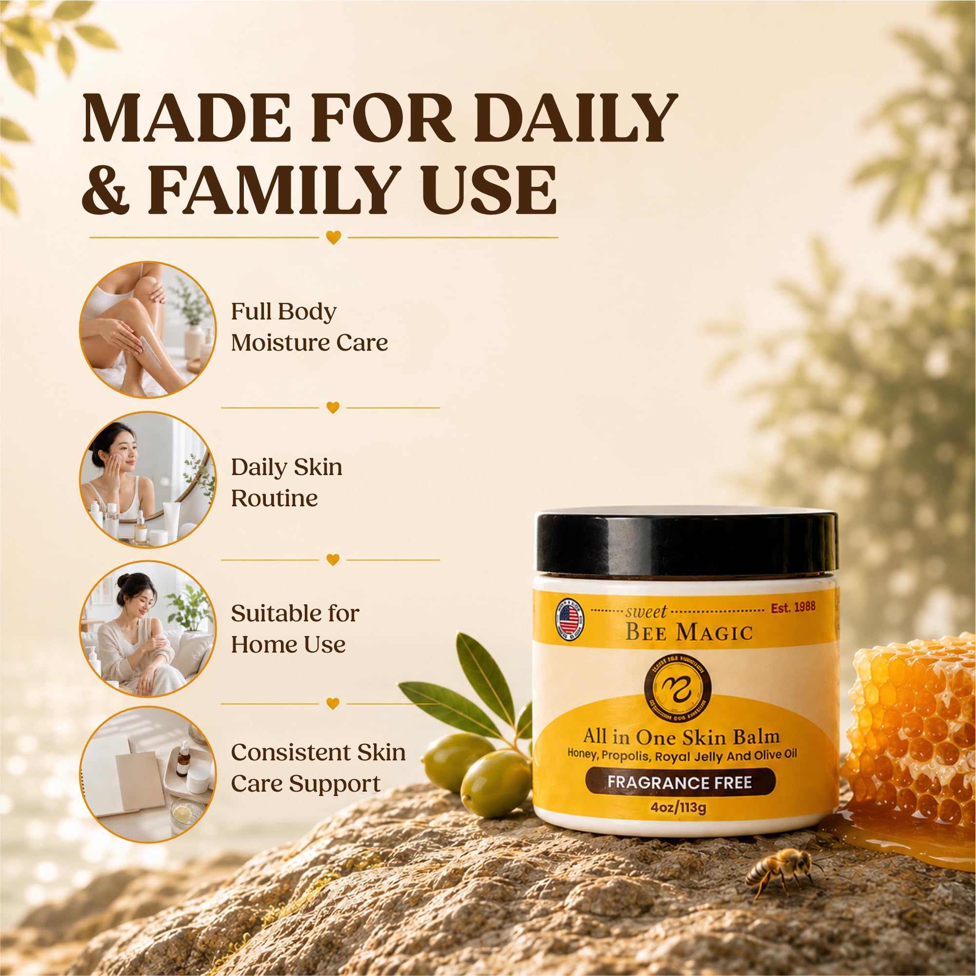 Sweet Bee Magic Organic Honey Bee Balm for Face, Skin & Body - All in One Honey Balm - Beeswax Body Moisturizer - All Natural Aid - 1 jar (4oz)