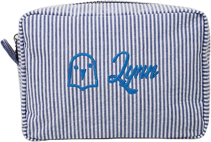 jcyif Custom Makeup Bag Personalized Cosmetic Bag Cute Seersucker Travel Toiletry Bag for Women Embroidered Bag Organizer for Bride Makeup Bag Gift Darkblue