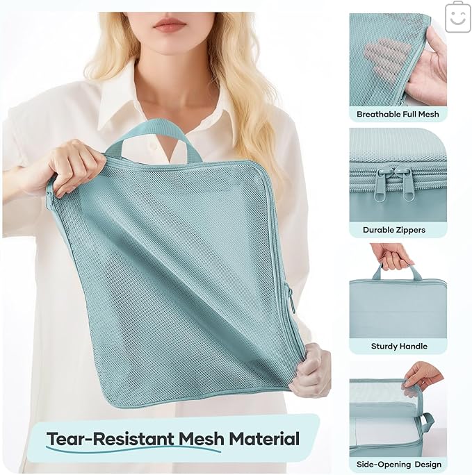 Veken 11 Set Compression Packing Cubes Garment Bags for Travel Essentials,Compressible Expandable Luggage Organizer Bags for Clothing,Space Saver Bags with Over 1000 pcs of Mesh Holes(Blue Gray)
