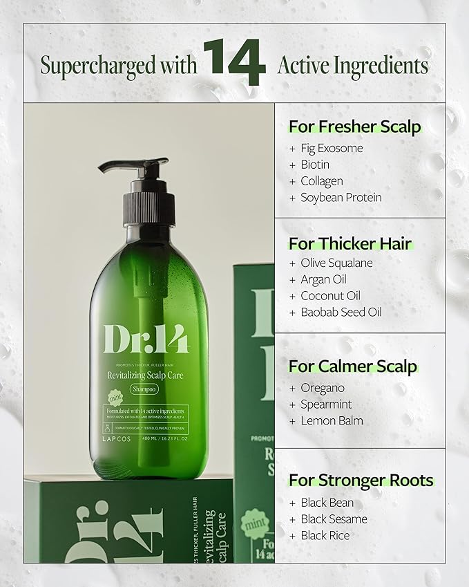 LAPCOS K Beauty DR.14 Revitalizing Scalp Care Shampoo - Clarifying & Hydrating Shampoo for Thicker Strands & Buildup Control with Biotin, Collagen & Botanical Oils -Korean Hair Care 16.23 fl oz