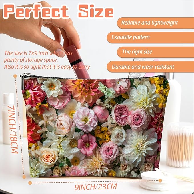 Scribesense Makeup Bag Travel Cosmetic Bags Small Makeup Case Waterproof Zipper Pouch for Women Girls 7X9inches - Exuberant Array of Multicolored Fresh Flowers