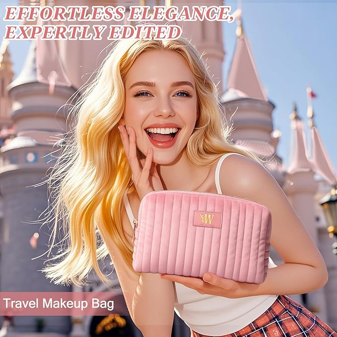 BagUrshion Monogrammed Make Up Bags for Women,Personalized Cosmetic Bags Women,Small Quilted Makeup Pouch,Cute Makeup Bag Travel,Birthday Gifts for Teen Girl (Pink W)