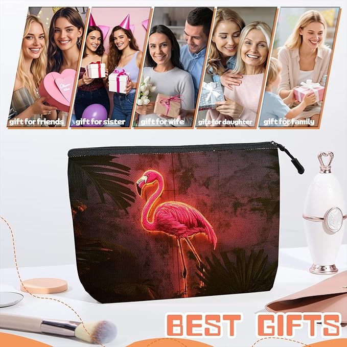 Scribesense Cosmetic Bags Travel Makeup Toilet Case Waterproof Pouch for Women Girls 6.7X9.45inches - Pink Flamingo With Neon Lighting