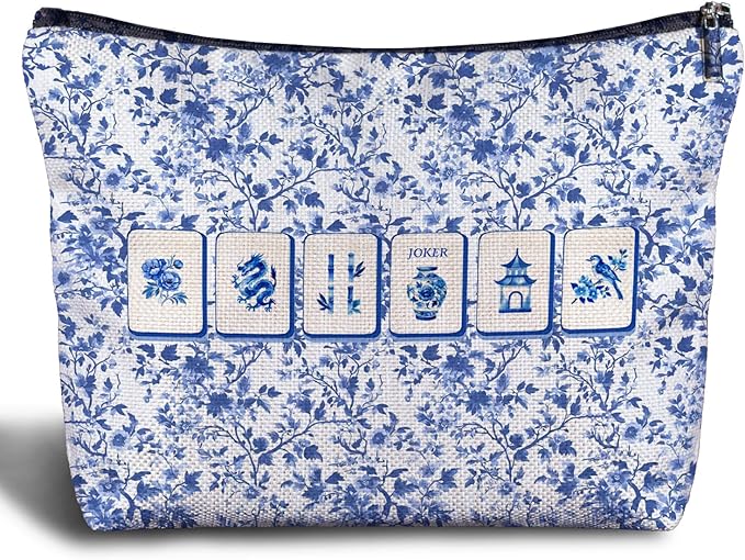 Zomhix Blue and White Chinoiserie Mahjong Makeup Bag, Mahjong Gifts for Women Cosmetic Bags, Gifts for Mah Jong Players Lovers Makeup Zipper Pouch