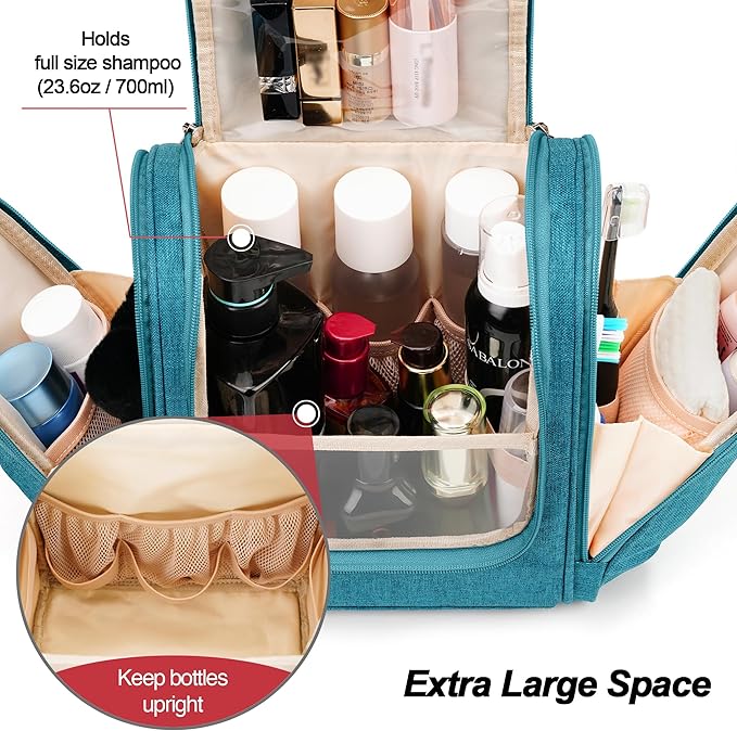 COOSKY Hanging Travel Toiletry Bag for Women and Men, 6 Organizer Compartments, Large Toiletries essentials, Bathroom Cosmetic Accessories, Water-resistant Makeup Bag, Holds Full-Size Shampoo, Blue