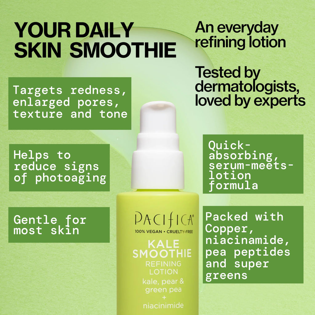 Pacifica Kale Smoothie Face Lotion, Refining Skincare, Face Moisturizer, Niacinamide, Vitamin C and E, Minimize Pores, Face Serum, For All Skin Types, Oily, Combination, Vegan, 1.7 fl oz (1 Count