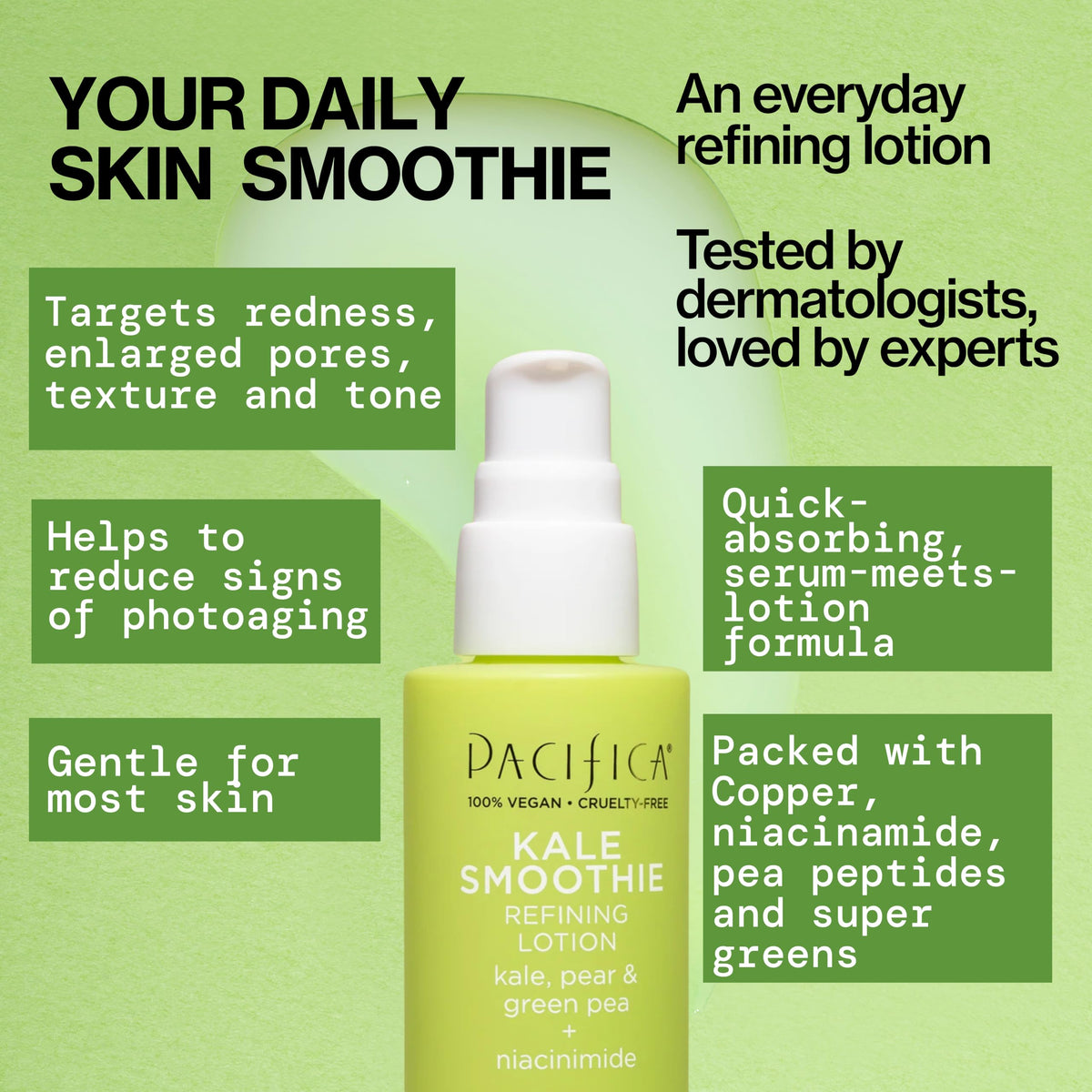 Pacifica Kale Smoothie Face Lotion, Refining Skincare, Face Moisturizer, Niacinamide, Vitamin C and E, Minimize Pores, Face Serum, For All Skin Types, Oily, Combination, Vegan, 1.7 fl oz (1 Count