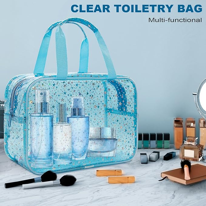 Junesters Clear Blue Star Large Makeup Bag with Star Pattern 12x5x8 inch, Travel Cosmetic Bag with Handle, Durable PVC Material Washbag Zipper Opening Design for Makeup Travel Organizer or Gym Use