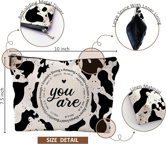 QGFM Western Cow Print Makeup Bag - Christian Inspirational Gifts Cosmetic Bags With Zipper