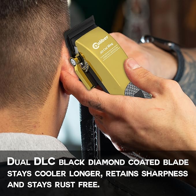 Caliber.50 Cal Limited Edition Clipper - Long Lasting 8+ Hours of Power - Ultra Low Noise Technology - Rechargeable Powerful Battery - Easy Zero Gap Cut - Hair Grooming Tool for Men (Gold)