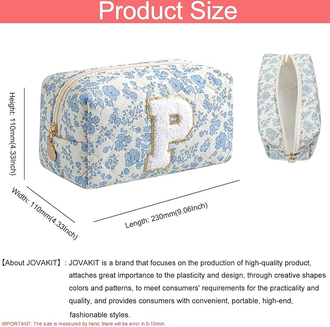 JOVAKIT Alphabet Makeup Bag Cosmetic Bag for Women, Christmas Gifts for Girls Age 6-18, Floral Flowers Coquette Travel Toiletry Zipper Make Up Pouch Organizer Trendy Stuff (Blue Floral P)