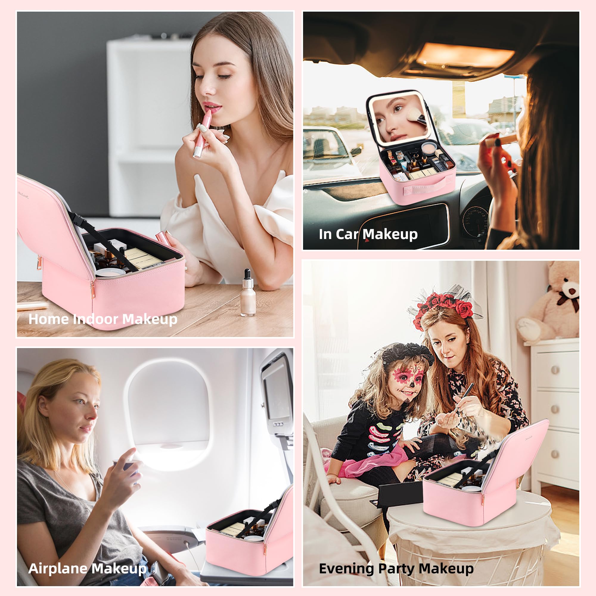 ZhenGuiRu Travel Makeup Bag with LED Mirror – Waterproof Cosmetic Train Case with Adjustable Dividers, Portable Makeup Organizer and Toiletry Bag for Women, Teens & Girls Gift, Pink