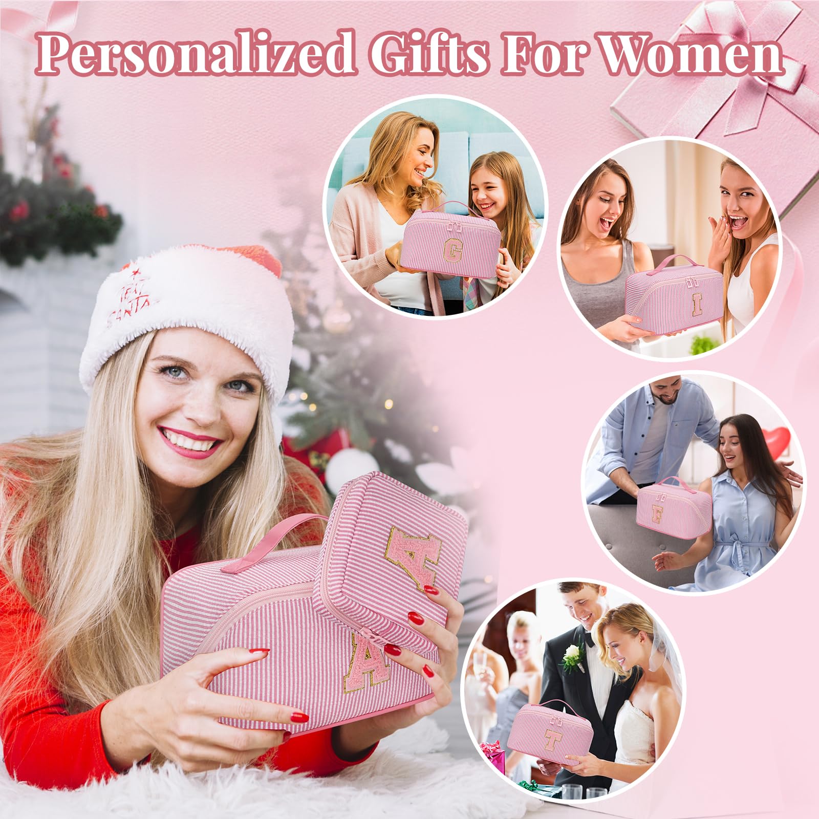 2026 Graduation Gifts - Travel Makeup Bag for Women, 2Pcs Portable Personalized Initial Makeup Organizer Bag, Open Flat Large Cosmetic Bag With Travel Essential Pouch (Pink Letter F)