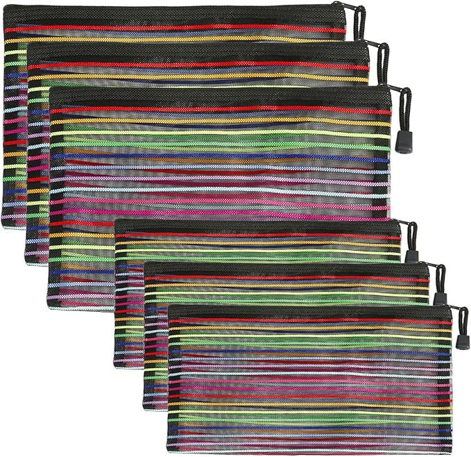 CarryEpic Mesh Bags with Zipper (6 Pack), Nylon Makeup Bag Cosmetic Pouches Travel Organizer Case for Purse Diaper Bag Home Organizing Striped Multi Size Black