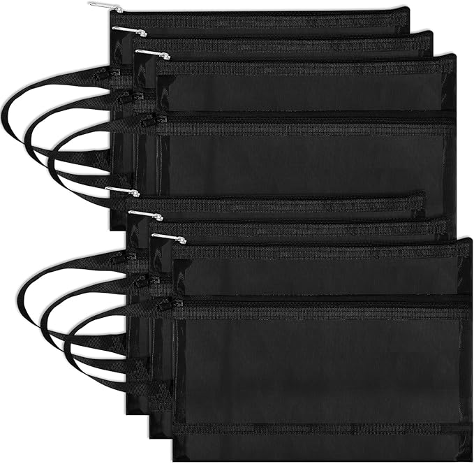 Fassave 6 Pack Mesh Zipper Pouch Bags, Double Layer Nylon Pouch with Handle for Office Travel Organization (Black, A4)