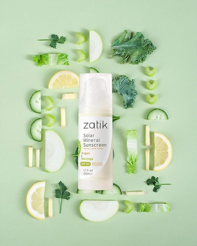 Zatik Naturals Solar Mineral Sunscreen with Argan and Moringa, for Face and Neck, Vegan, Non-GMO, pH Balanced, FREE from Gluten, Soy, Alcohol, 1.7 oz