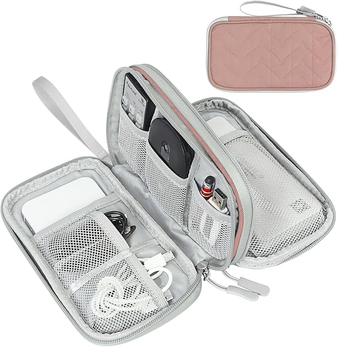 FYY Electronic Organizer, Travel Tech Pouch Bag, Medium, Pink Quilted