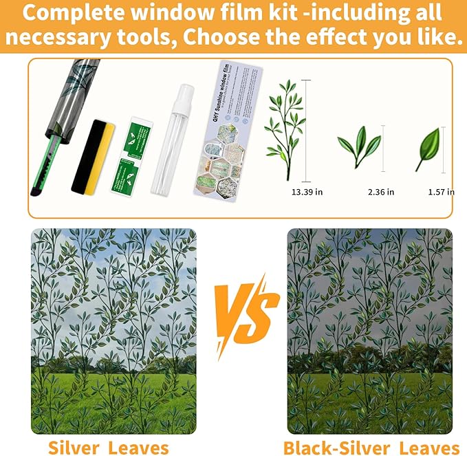 One Way Privacy Film, Window Tint for Home,Daytime Reflective, Anti UV Static Cling Sliding Door Coverings No Glue Garage Solar Paper (Silver-Leaves, 35.4X 78.7 in)