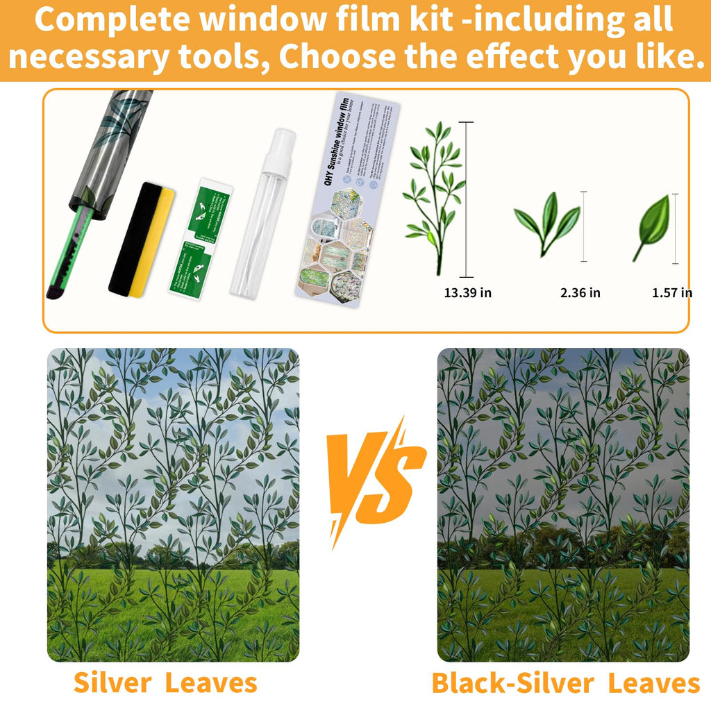 QHYsunshine One Way Privacy Film, Window Tint for Home,Daytime Reflective, Anti UV Static Cling Sliding Door Coverings No Glue Garage Solar Paper (Silver-Leaves, 23.6 x 78.7 in)