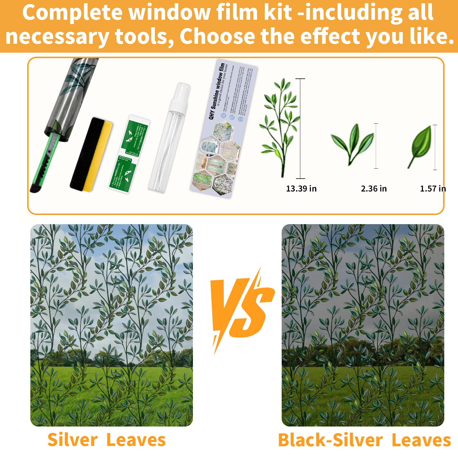 QHYsunshine One Way Privacy Film, Window Tint for Home,Daytime Reflective, Anti UV Static Cling Sliding Door Coverings No Glue Garage Solar Paper (Silver-Leaves, 23.6 x 78.7 in)
