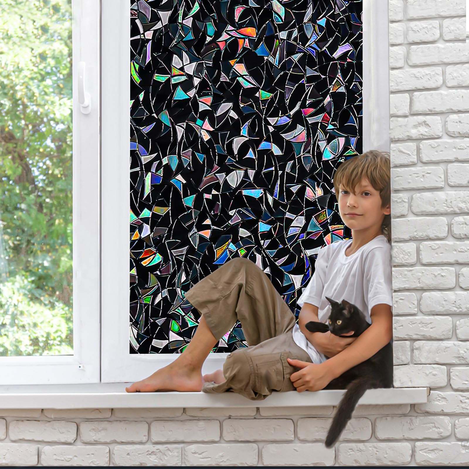 QHY Sunshine Total Blackout Window Film Privacy， Frosted Glass Window Film，Black Window Tint， No Glue， Detachable, no Marks, Suitable for Repeated use (Black Rainbow, 23.6 in X 78.7 in)