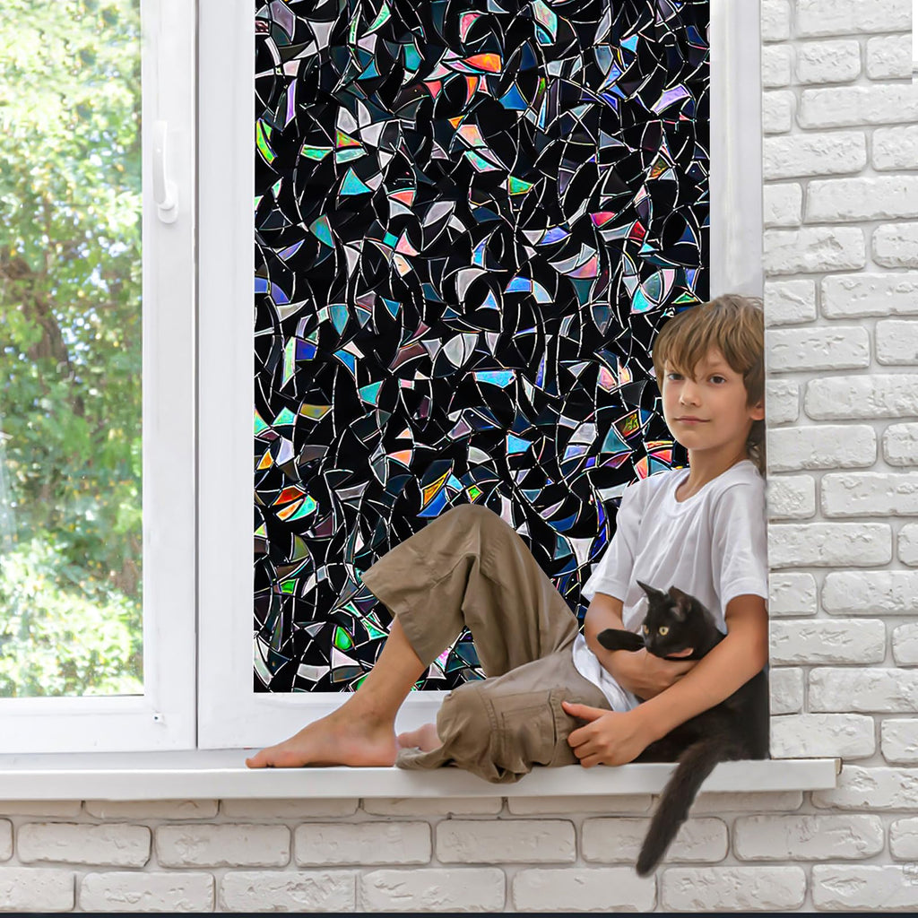 QHY Sunshine Total Blackout Window Film Privacy， Frosted Glass Window Film，Black Window Tint， No Glue， Detachable, no Marks, Suitable for Repeated use (Black Rainbow, 17.5 in X 157.4 in)