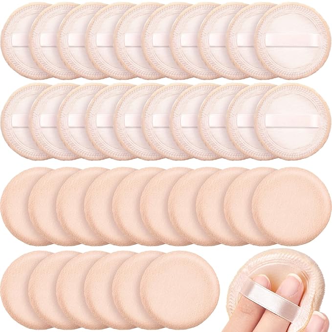 SiliFine 40 Pcs Cotton Powder Puffs Bulk Washable, 2.36 Inch Round Makeup Dusting Puff with Ribbon for Loose and Pressed Powder Face Body Cosmetic, Beige