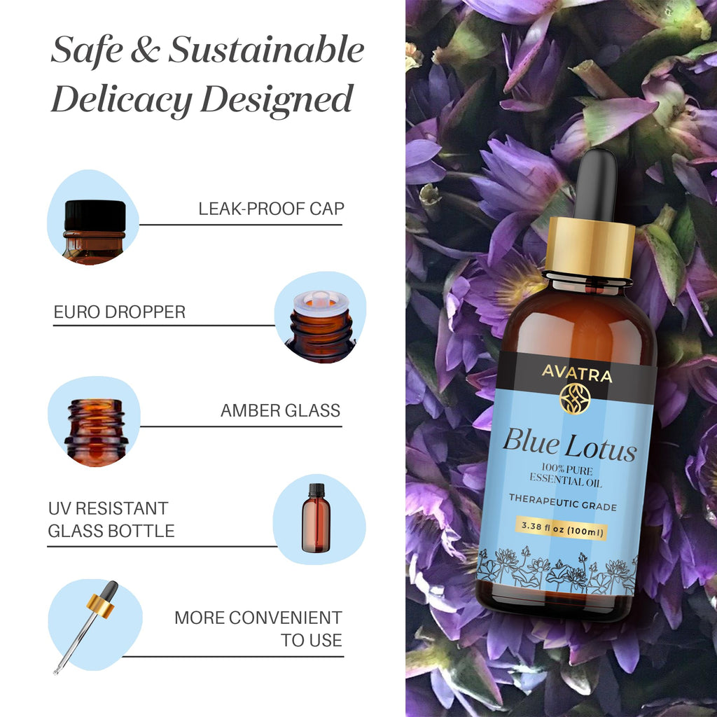 Avatra Blue Lotus Essential Oil for Diffuser, Skin & Candles | Natural & Undiluted Essential Oil | Aromatherapy, Soaps, Candles | Therapeutic Grade Essential Oil- 3.38 Fl Oz
