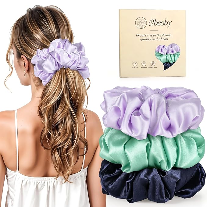 3 Pcs Satin Scrunchies for Thick Curly Hair, Oversized Sleep Hair Ties