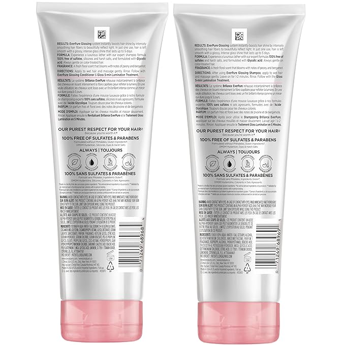 L’Oreal Paris Sulfate Free Glossing Shampoo and Conditioner Set with Glycolic Acid, Provides Intense Glass Shine & Smoothness, Suitable for Dull, Dry, and Color-Treated Hair, EverPure, 13.6 Fl Oz Set