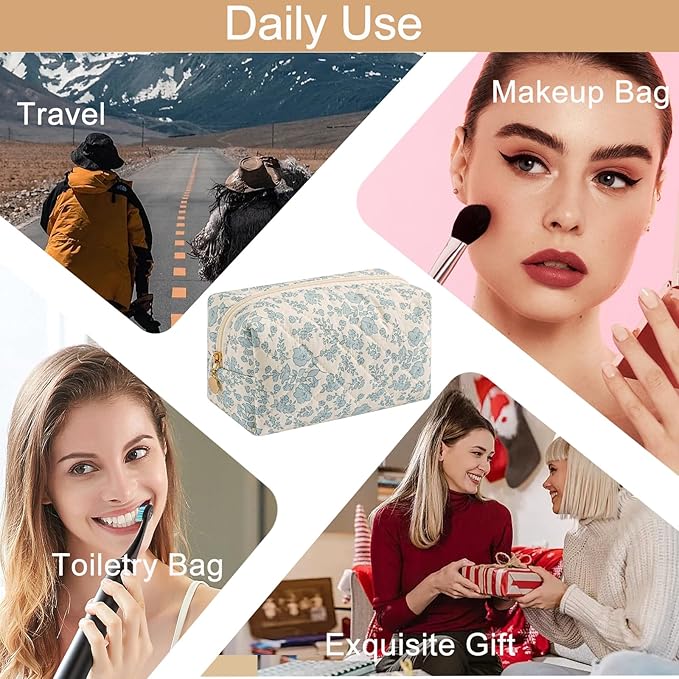 HHQQWZ Cute Square Floral Cotton Makeup Cosmetic Bag for Women Girls, Travel Quilted Zipper Make Up Bag, Square Flowers Organizer Case Kawaii Makeup Cosmetic Travel Cloth Pouch (Blue Floral)