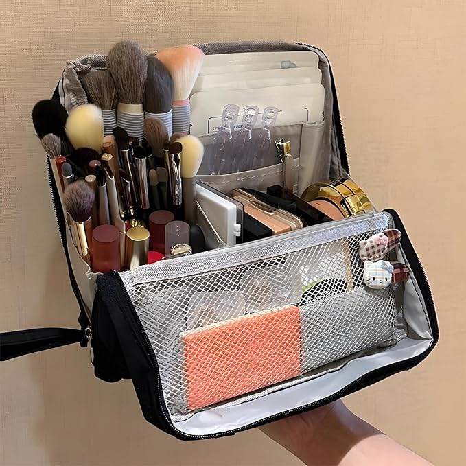 Makeup Bag,Standing Makeup Bag – Portable,Large Capacity Multi-purpose Large Capacity Oxford Cloth Standing Makeupbag Portable, Aterproof,Compartments and Handle (Red)