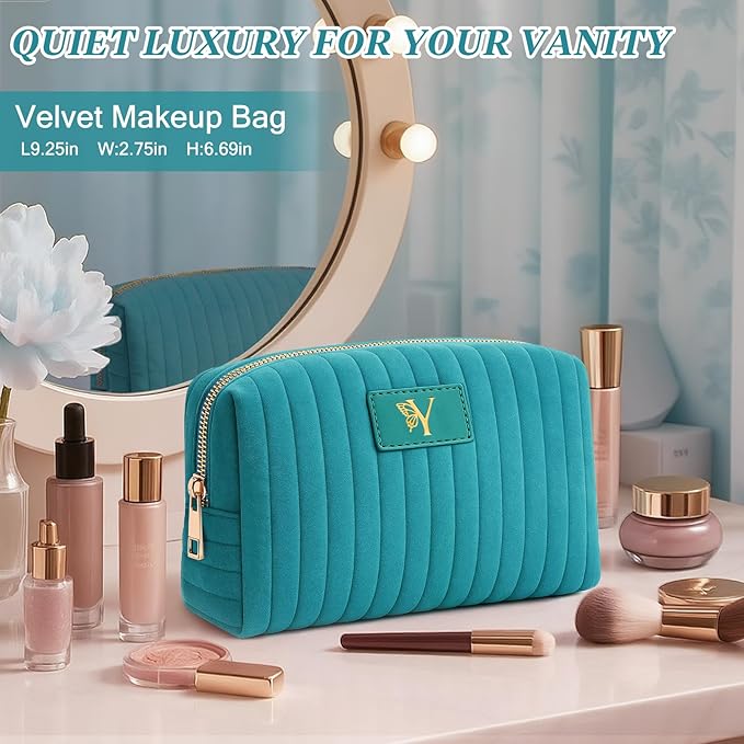 BagUrshion Monogrammed Make Up Bags for Women,Personalized Cosmetic Bags Women,Small Quilted Makeup Pouch,Cute Makeup Bag Travel,Birthday Gifts for Teen Girl (Blue Y)