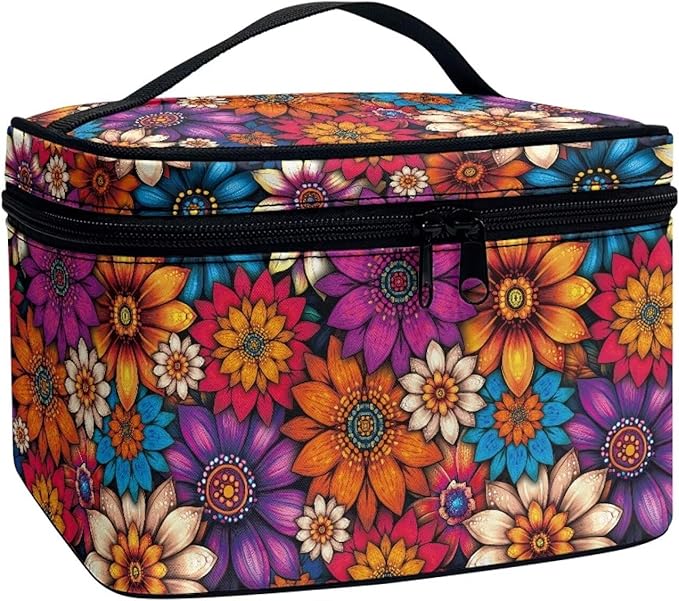 Drydeepin Vibrant Hippie Flower Pattern Travel Makeup Bags for Women Portable Tote Cosmetic Case with Carry Handle Toiletry Accessories Storage Organizer Bags