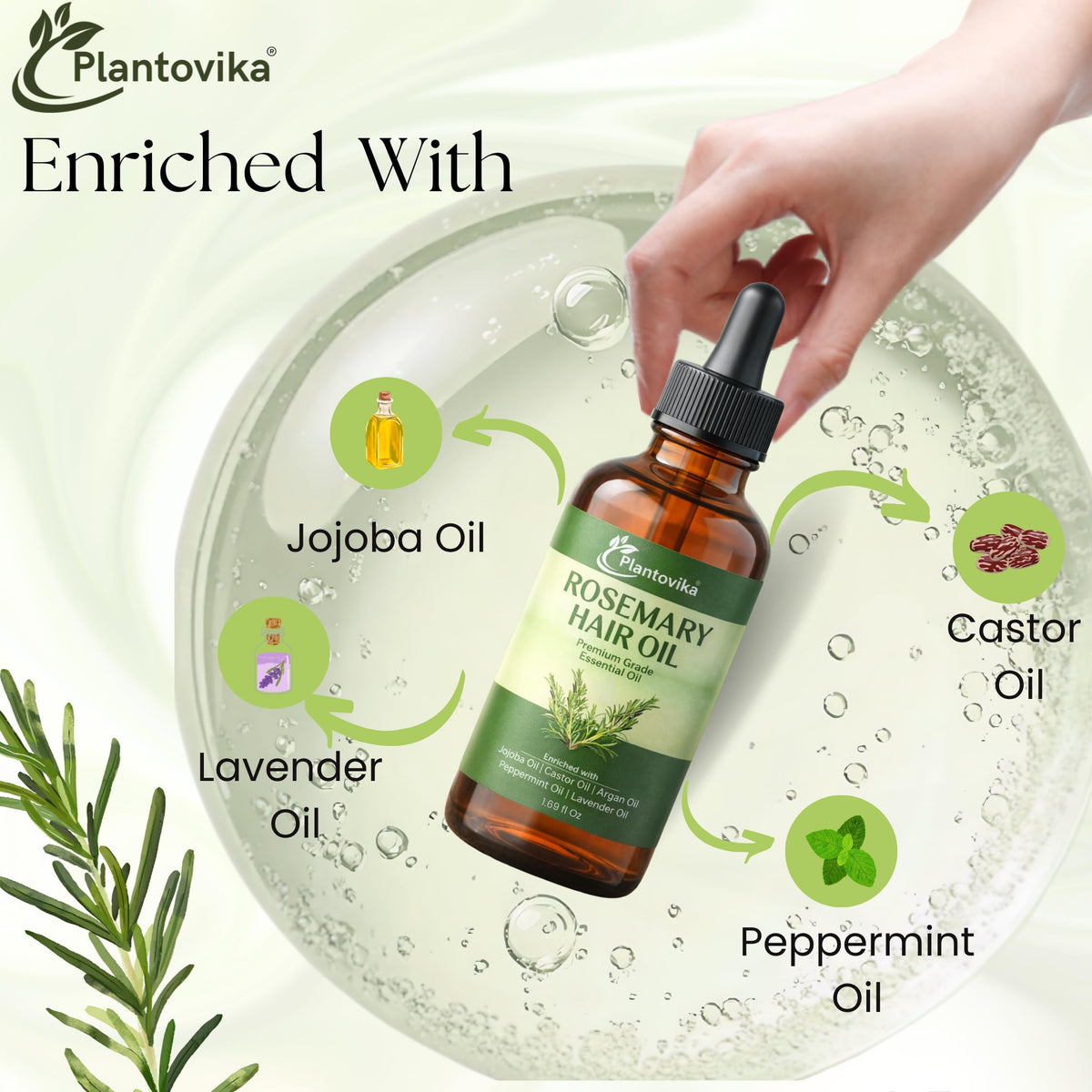 Plantovika Rosemary Oil for Hair Growth, Enriched with Jojoba, Castor, Argan, Peppermint & Lavender Oils, Scalp & Hair Strengthening Treatment, 1.69 oz
