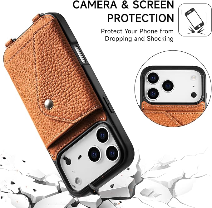 LUCKYCOIN Crossbody Phone Case for iPhone 17 Pro Max,100% Genuine Leather Phone Wallet Case for Women, Premium Hands-Free Phone Purse with Expandable Flip Card Holder & Adjustable Strap - Pebble Brown