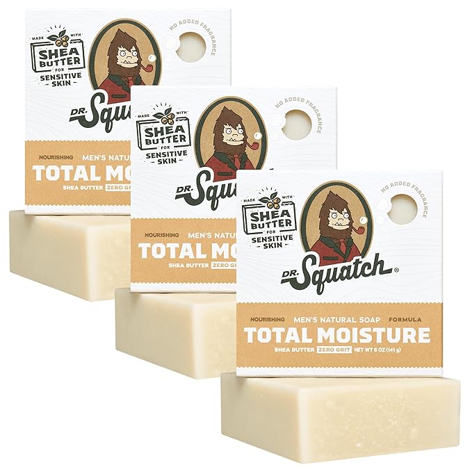 Dr. Squatch Total Moisture Natural Men’s Bar Soap – No Added Fragrance, Safe for Sensitive Skin, Plant-Based Ingredients – Non-Drying Face + Body Soap Bar – Gifts for Men – Shea Butter, 5oz (3-Pack)
