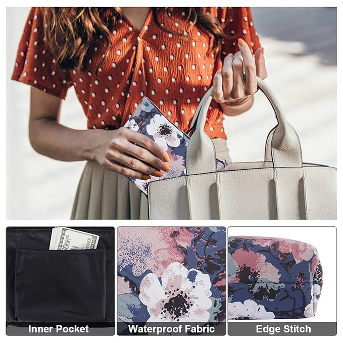 HAWEE Flower Makeup Bag for Travel Cosmetic Storage Pouch Waterproof Polyester Metal Zipper, Retro Camellia