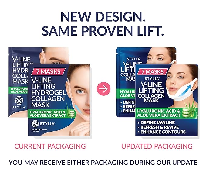 Stylia V Line Lifting Collagen Mask - Lift, Firm & Contour Jawline - Tightening Double Chin Strap with Hyaluronic Acid & Aloe - Neck Lift & Face Tightening Mask - Jawline Shaper Face Lift Tape (7PC)