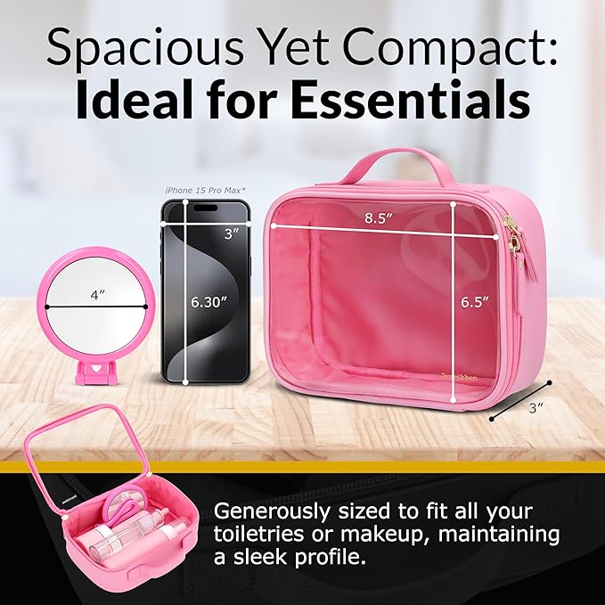 Pink Clear Makeup Bag, Travel Cosmetic Pouch with Transparent Front, Quart Size Toiletry Organizer for Women, Girls & Teens, Cute Makeup Case