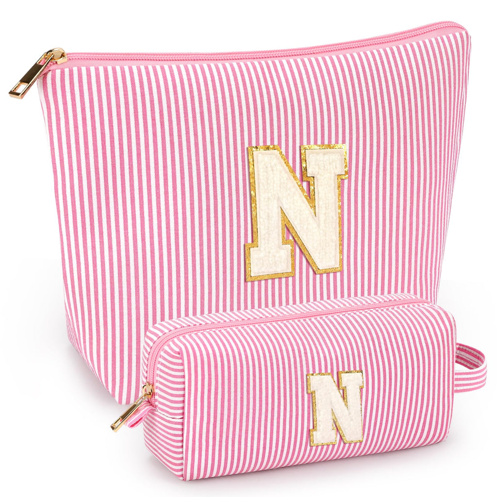 2 PCS Initial Makeup Bags for Women: Cosmetic Bag for Travel Toiletry - Birthday Gifts for 11 12 13 14 15 16 17 18 Years Old Girl Graduation Teacher Gift- Teen Girl Gifts Trendy Stuff - Pink N