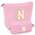 2 PCS Initial Makeup Bags for Women: Cosmetic Bag for Travel Toiletry - Birthday Gifts for 11 12 13 14 15 16 17 18 Years Old Girl Graduation Teacher Gift- Teen Girl Gifts Trendy Stuff - Pink N
