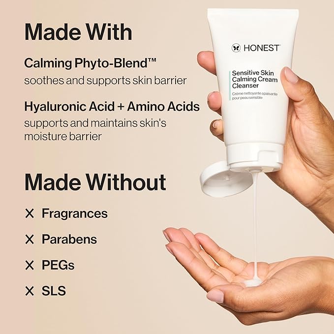 Honest Beauty Sensitive Skin Calming Cream Cleanser, Unscented, 4 fl oz