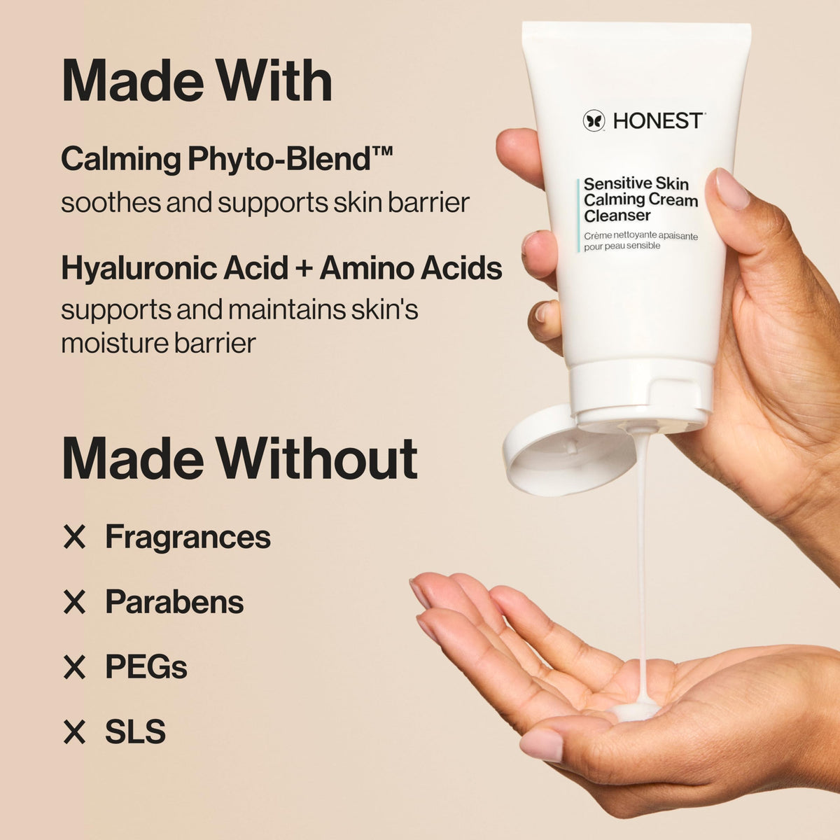 Honest Beauty Sensitive Skin Calming Cream Cleanser, Unscented, 4 fl oz