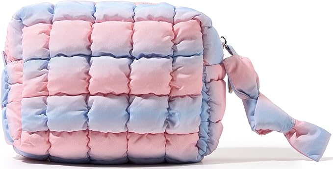 Yarnic Blue Pink Quilted Makeup Bag Puffer Cosmetic Bag, Blue Pink, S